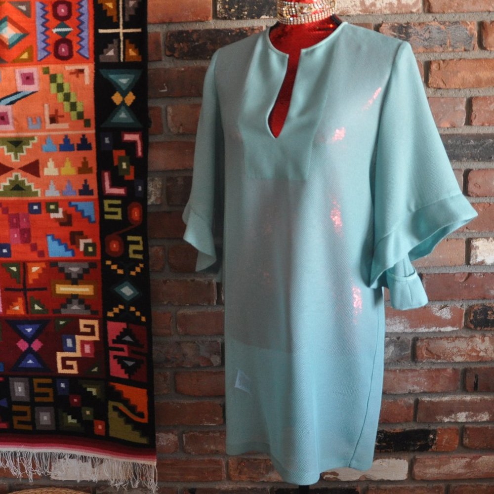 NEW LIGHT AQUA Seafoam BCBG MAXAZRIA TATI RUFFLE SLEEVE Sheer Tunic DRESS XS